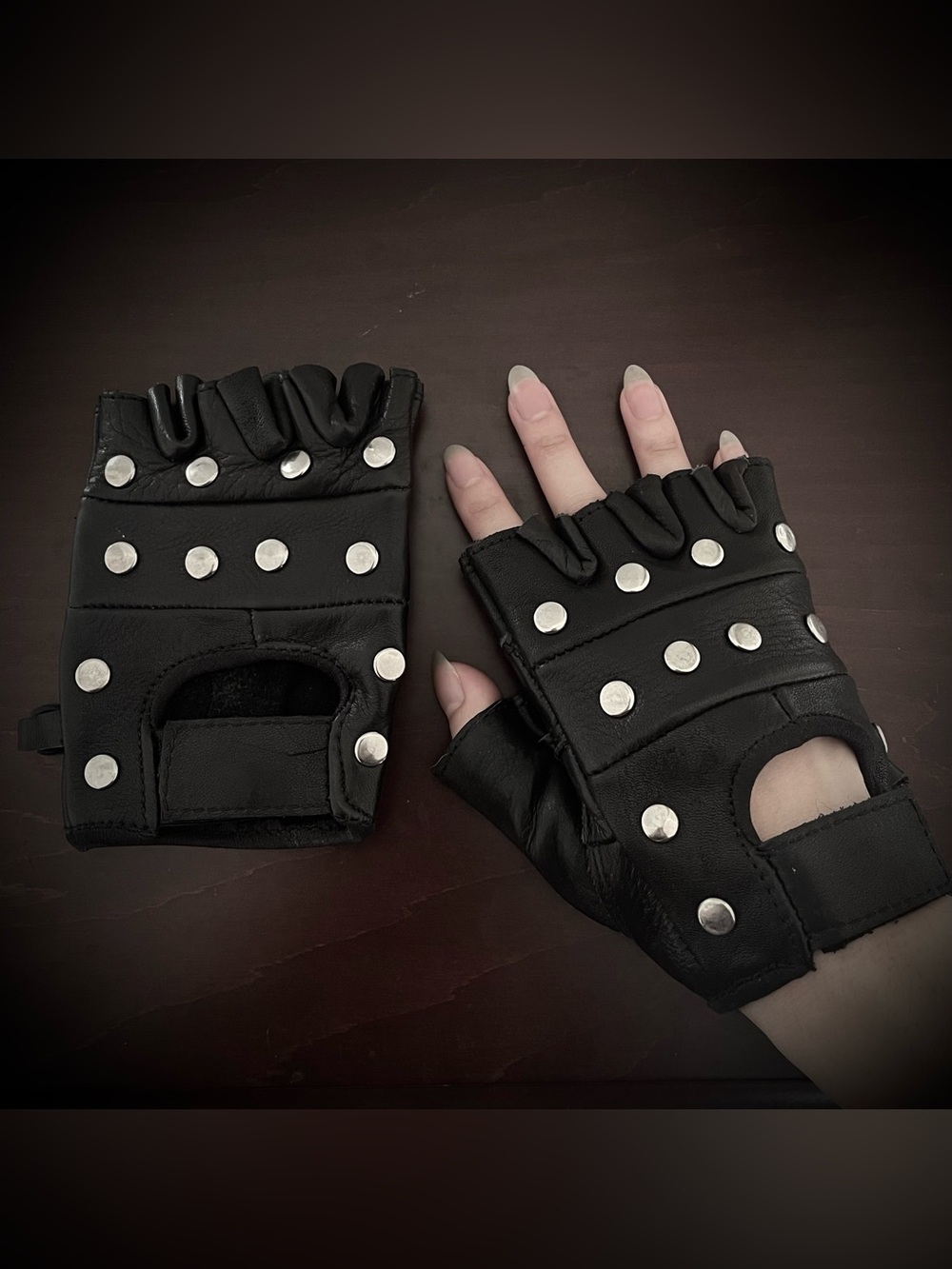 Black Silver Studded Fingerless Leather Biker Gloves - XS